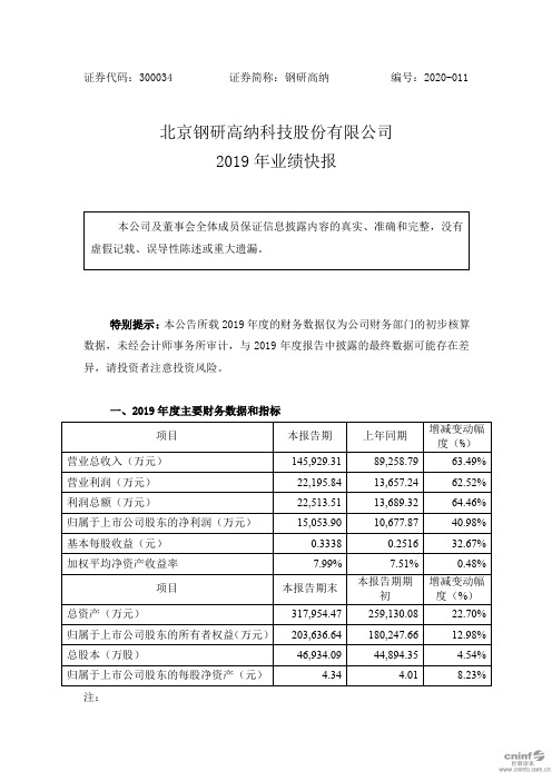 钢研高纳：2019年业绩快报