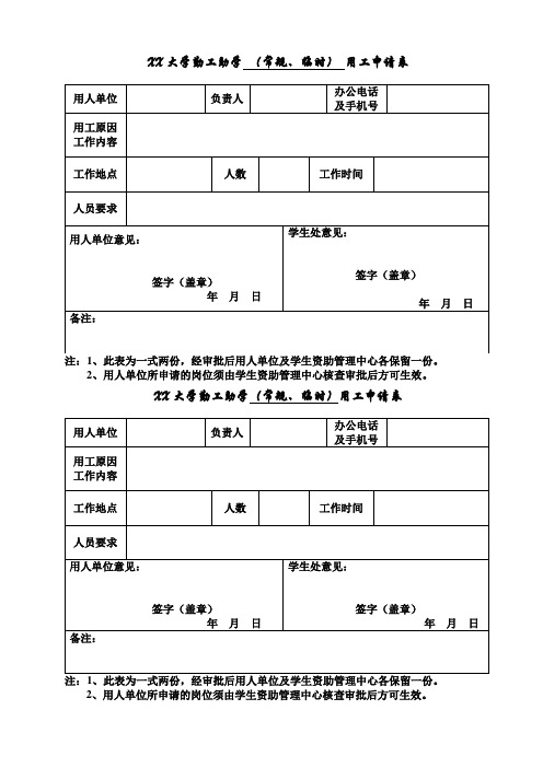 大学勤工助学(部门)用工申请表