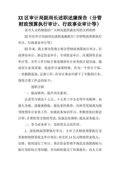 XX区审计局副局长述职述廉报告(分管财政预算执行审计、行政事业审计等)