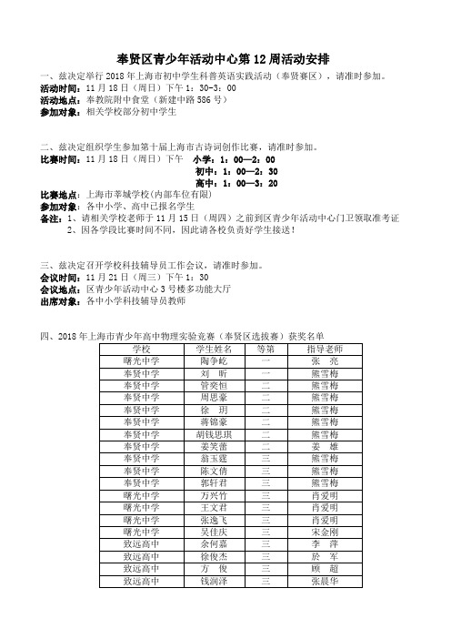 奉贤区青少年活动中心第12周活动安排