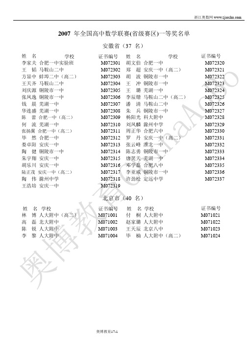 年全国高中数学联赛(省级赛区)一等奖名单