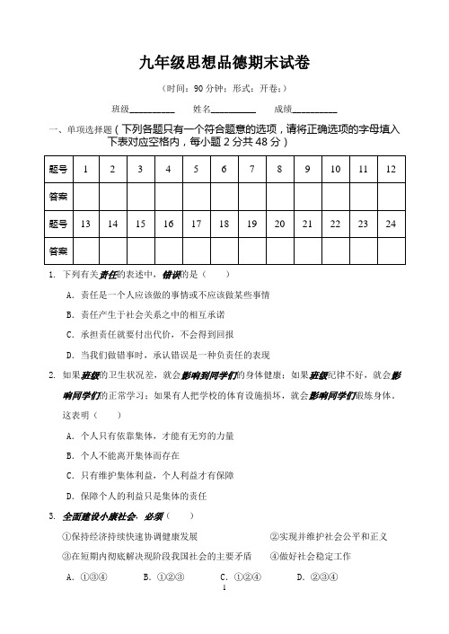 2015-2016学年第一学期九年级思想品德期末试卷