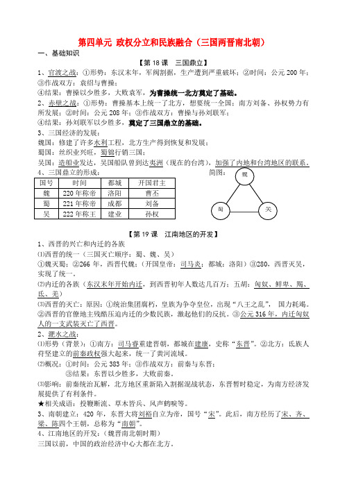 七年级历史上册 第四单元 政权分立和民族融合(三国两晋南北朝)复习