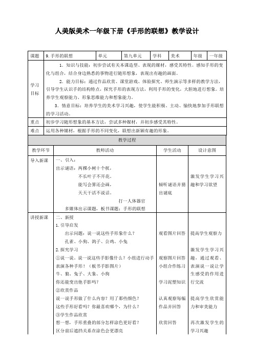 一年级下册美术教案--第九课《手形的联想》人美版
