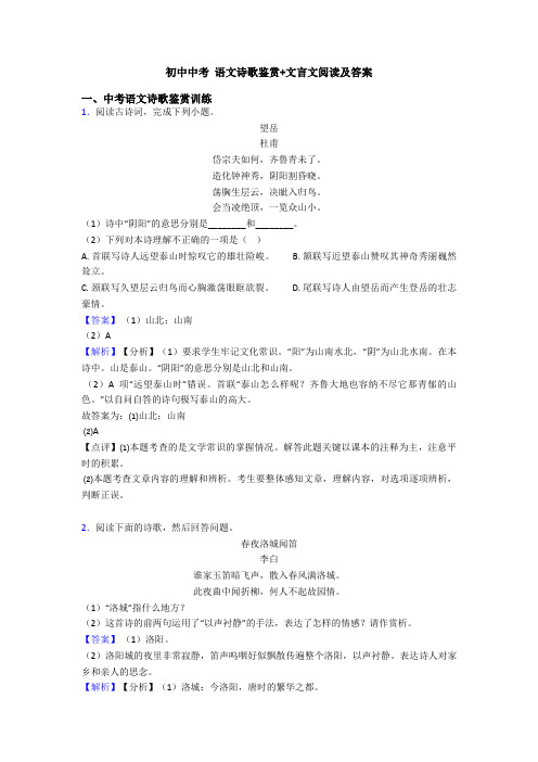 初中中考 语文诗歌鉴赏+文言文阅读及答案