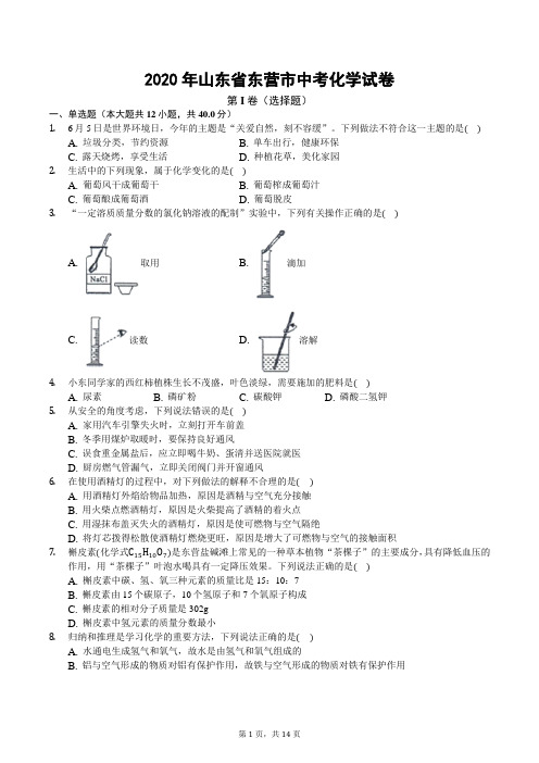 2020年山东省东营市中考化学试卷(后附答案)