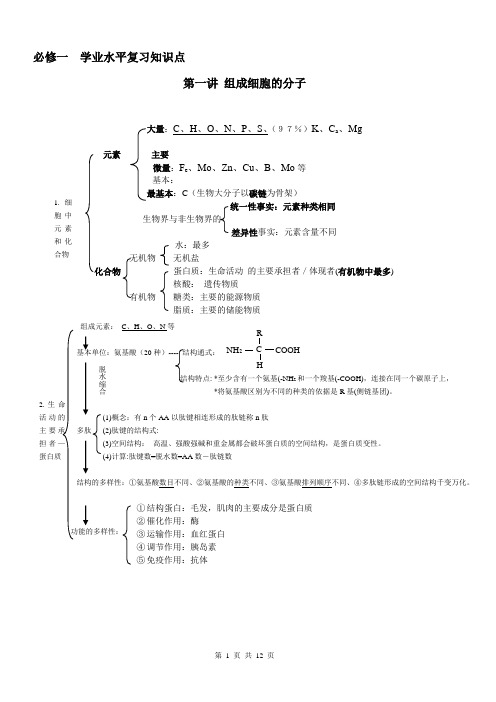 必修高中生物必修1《分子与细胞》复习知识框架 学业水平