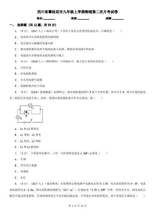 四川省攀枝花市九年级上学期物理第二次月考试卷