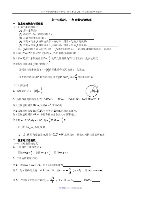 高一数学期末复习三角函数第一章知识