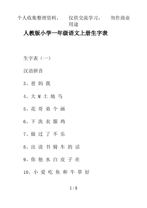 人教版小学一年级语文上册生字表(00001)