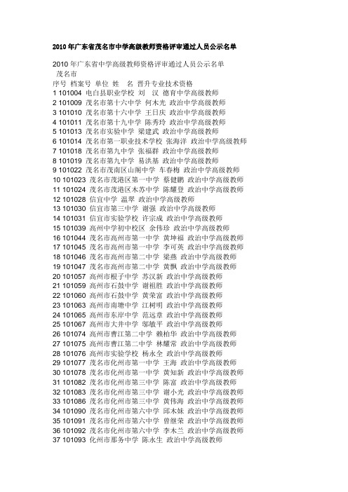 2010年广东省茂名市中学高级教师资格评审通过人员公示名单