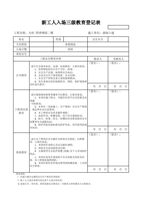 建筑工地安全三级教育登记表
