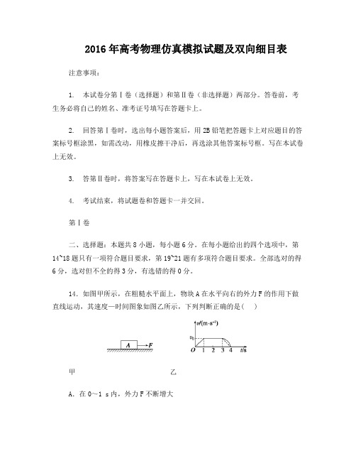 2016年高考物理仿真模拟试题及双向细目表
