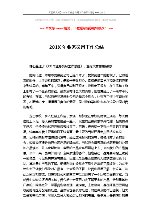 【优质文档】201X年业务员月工作总结-精选word文档 (2页)