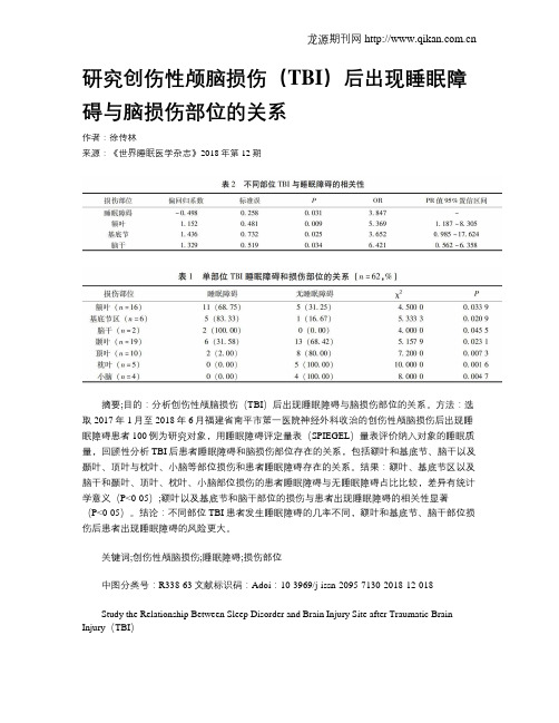 研究创伤性颅脑损伤(TBI)后出现睡眠障碍与脑损伤部位的关系