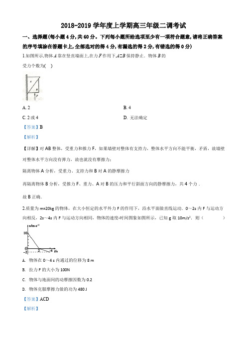 河北省衡水中学2019届高三上学期二调考试物理试题(解析版)