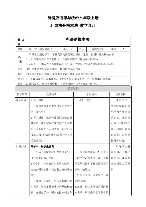 部编版小学道德与法治六年级上册第2课《宪法是根本法》教学设计
