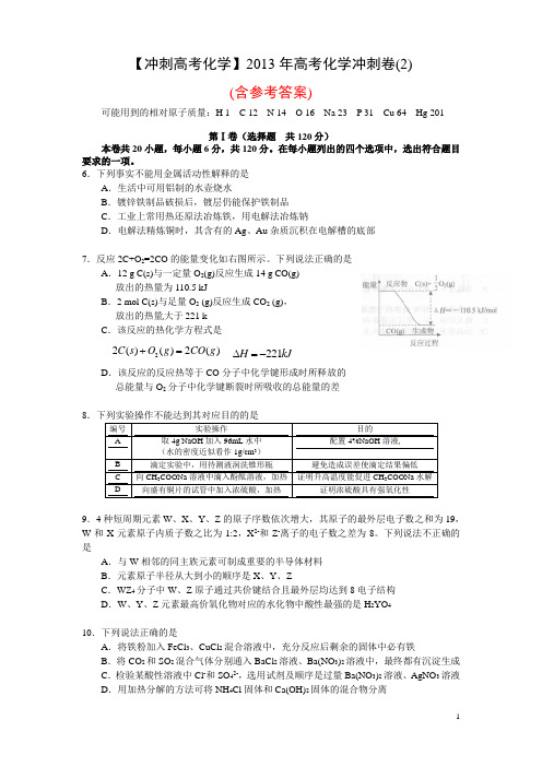 【冲刺高考化学】2013年高考化学冲刺卷(2)(含参考答案)