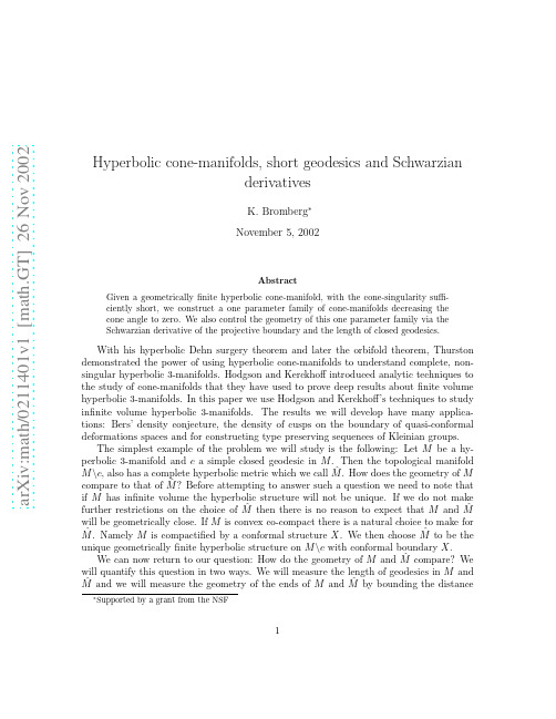 Hyperbolic cone-manifolds, short geodesics and Schwarzian derivatives