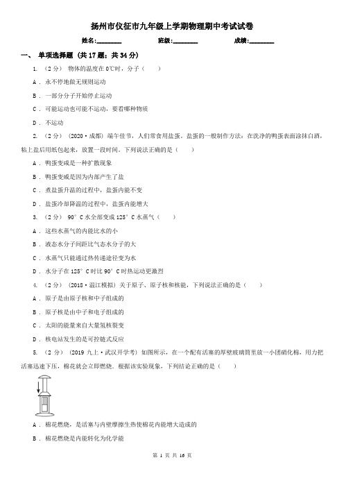 扬州市仪征市九年级上学期物理期中考试试卷