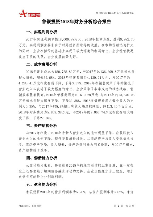 鲁银投资2018年财务分析结论报告-智泽华