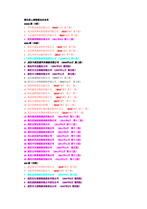 湖北省A级物流企业名单