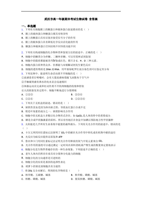 武汉市高一年级期末考试生物试卷 含答案
