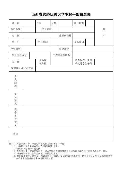 山西省选聘优秀大学生村干部报名表.