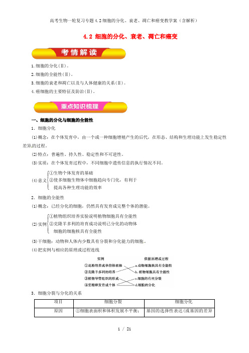 高考生物一轮复习专题4.2细胞的分化、衰老、凋亡和癌变教学案(含解析)