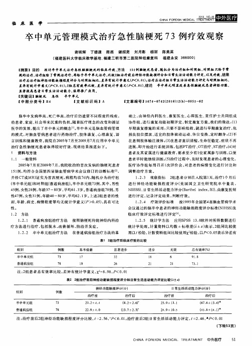 卒中单元管理模式治疗急性脑梗死73例疗效观察