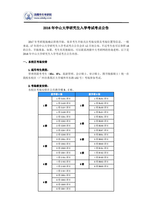 2016年中山大学研究生入学考试考点公告
