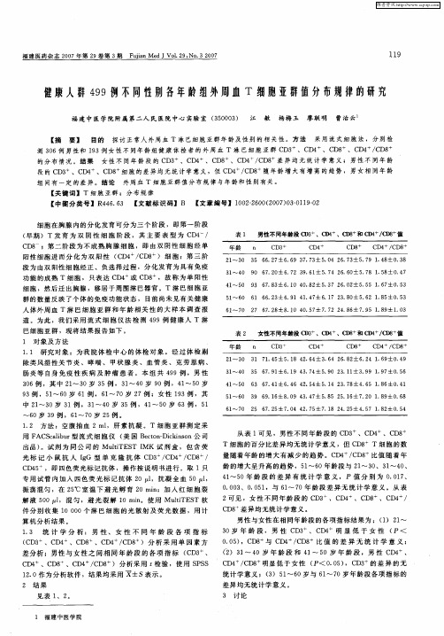 健康人群499例不同性别备年龄组外周血T细胞亚群值分布规律的研究