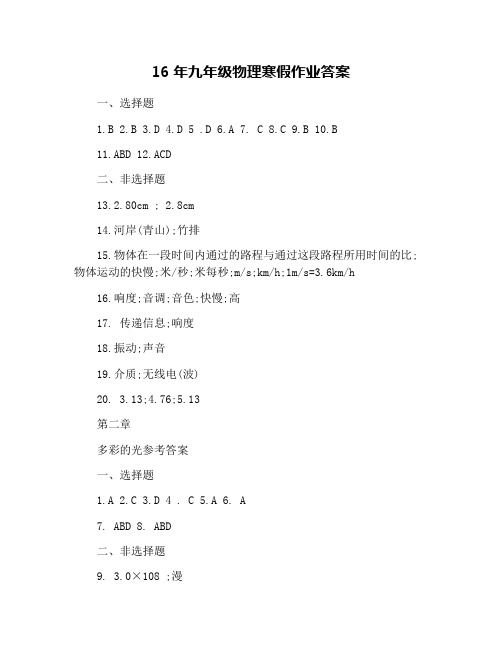 16年九年级物理寒假作业答案