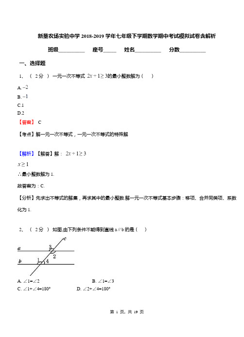 新垦农场实验中学2018-2019学年七年级下学期数学期中考试模拟试卷含解析