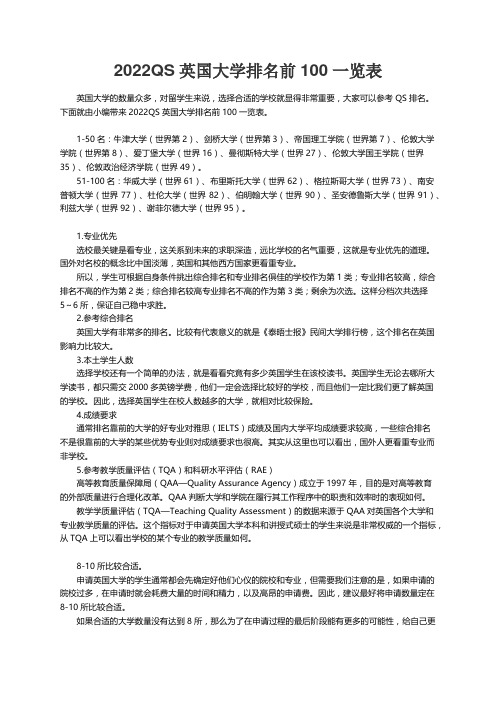 2022QS英国大学排名前100一览表