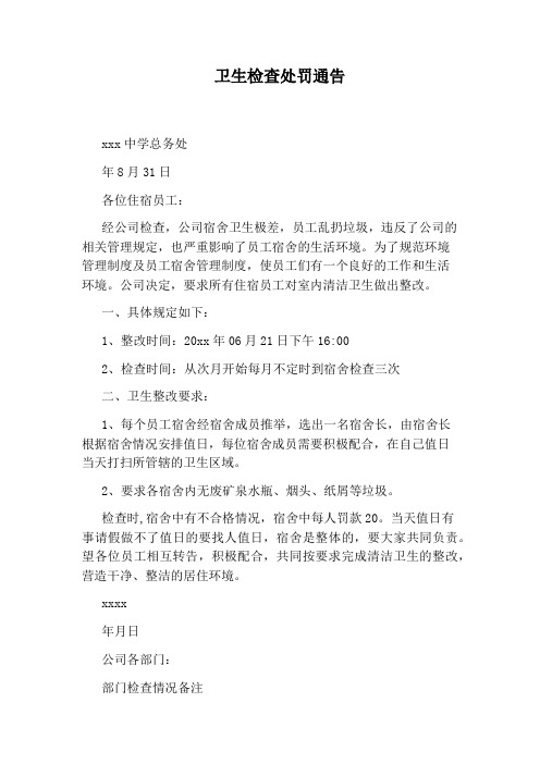 卫生检查处罚通告