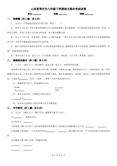 山东省枣庄市八年级下学期语文期末考试试卷