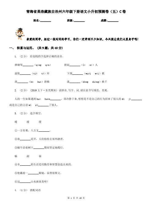 青海省果洛藏族自治州六年级下册语文小升初预测卷(五)C卷