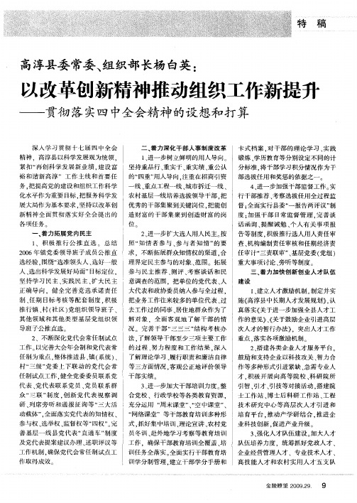 高淳县委常委、组织部长杨白英：以改革创新精神推动组织工作新提升——贯彻落实四中全会精神的设想和打