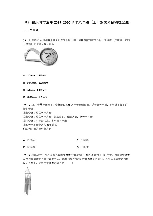 四川省乐山市五中2019-2020学年八年级(上)期末考试物理试题(word无答案)