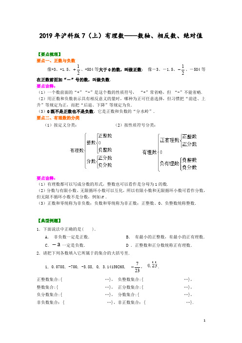 2019年沪科版七年级数学上册第1章 有理数、数轴、相反数、绝对值讲义