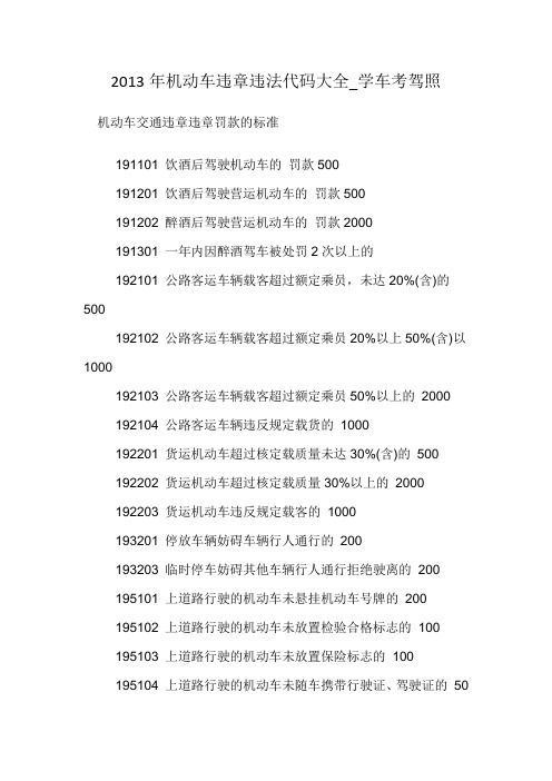 2013年机动车违章违法代码大全_学车考驾照