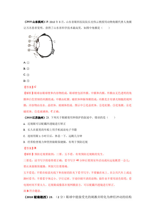 2018中考生物真题分类汇编——眼与视觉