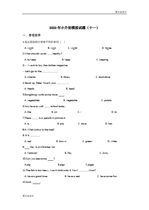 六年级英语小升初模拟试题(十一)(人教pep含答案)