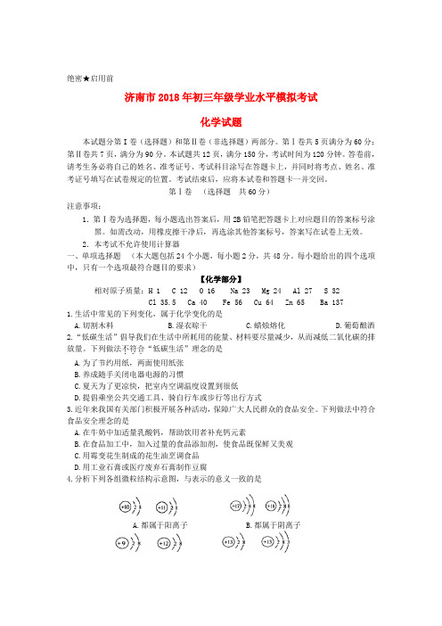 山东省济南市2018年九年级化学学业水平模拟考试试题 人教新课标版 精品