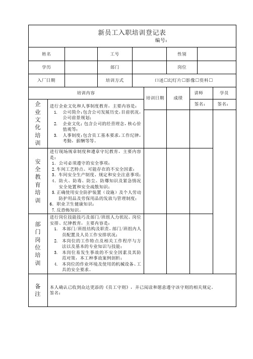 新员工入职培训登记表(标准版)