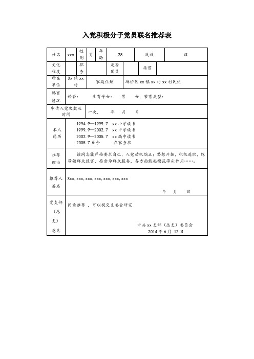 入党积极分子党员联名推荐表