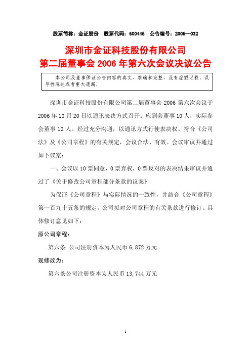 第二届董事会2006年第六次会议决议公告