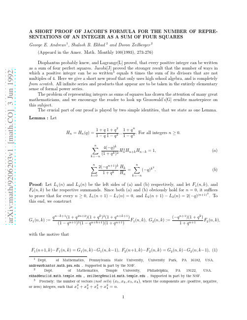 A Short Proof of Jacobi's Formula for the Number of Representations of an Integer as a Sum