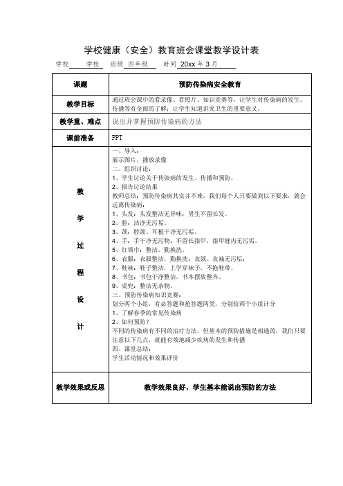 学校健康(安全)教育班会课堂教学设计表